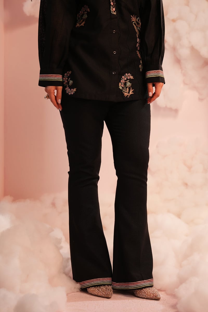 Black Embroidered Shirt and Bootcut Pants Co-ord Set
