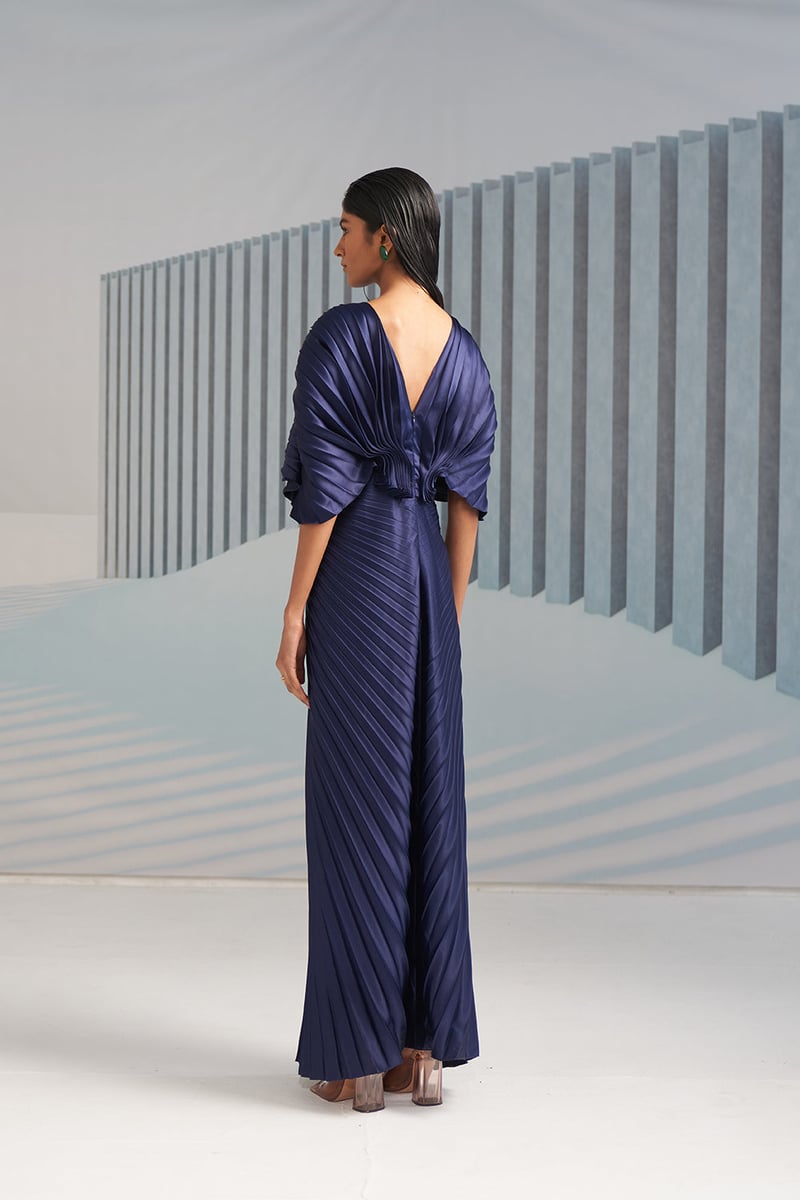 Blue Pleated Maxi Gown with Cape Sleeves