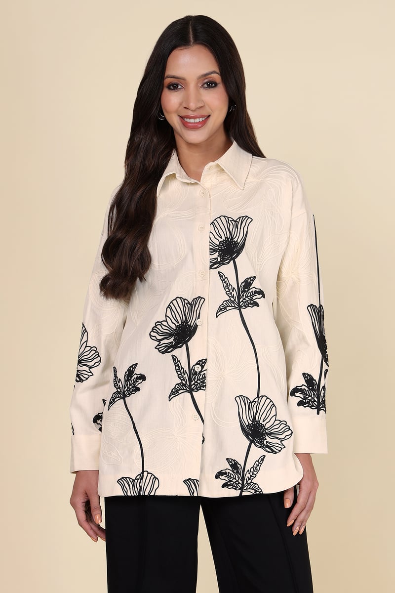 Natural Ivory Monochrome Floral Longline Cotton Shirt