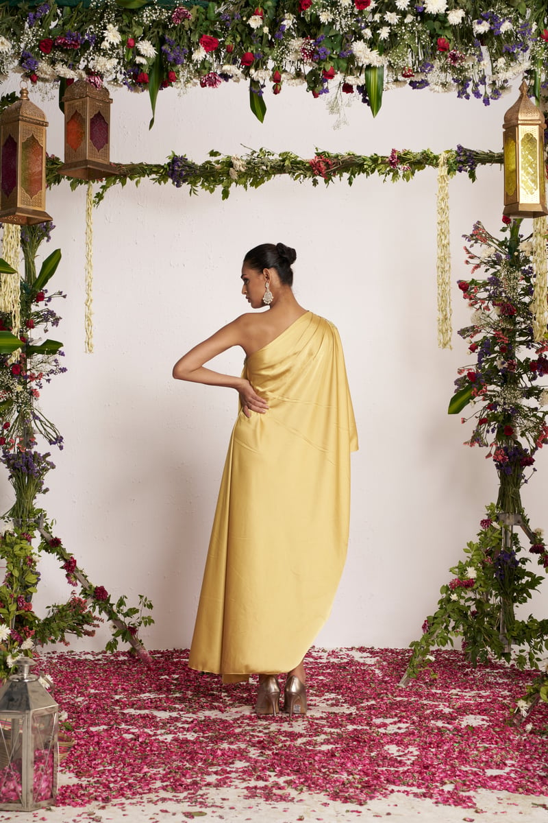 Yellow One-Shoulder Satin Kaftan with Beaded Neckline