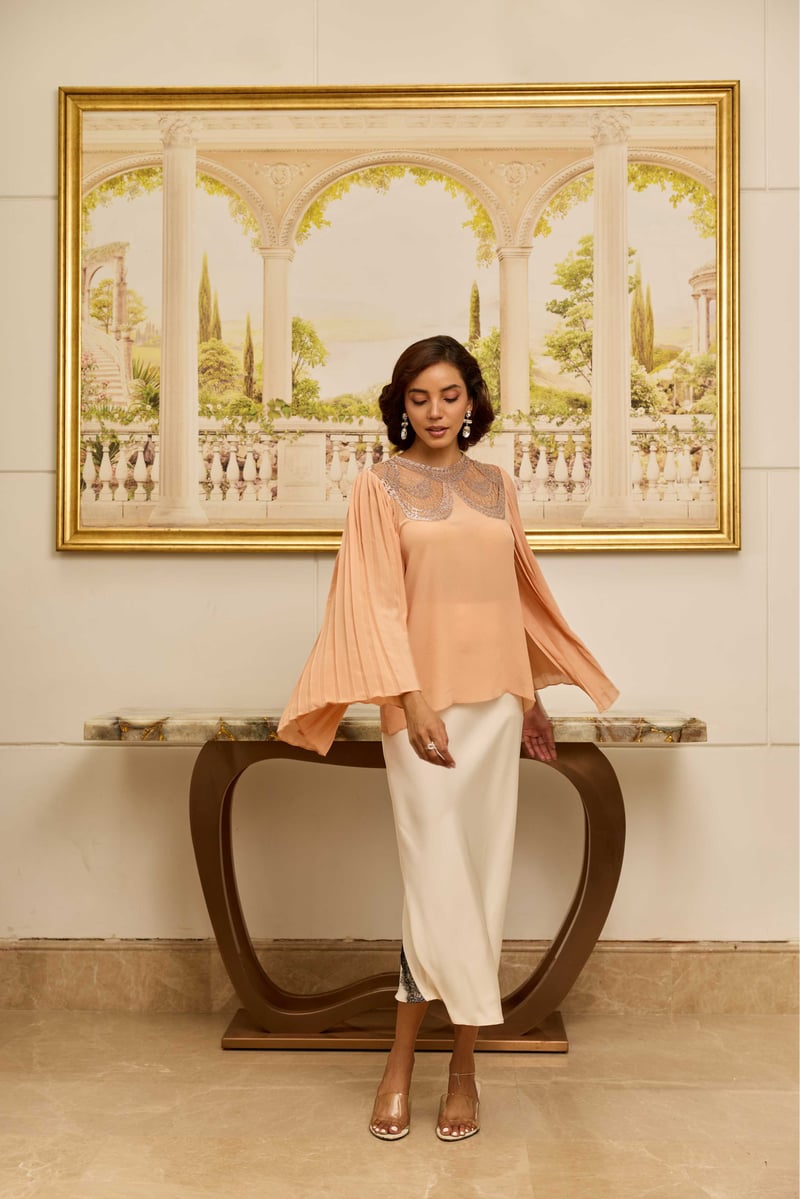 Grace Salmon Peach And Silver French Lace Crepe Top