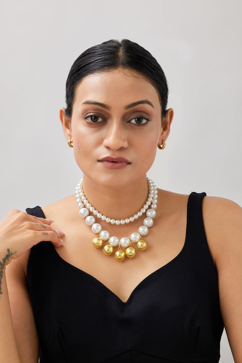 Mela Statement Pearl Necklace with Textured Gold Beads