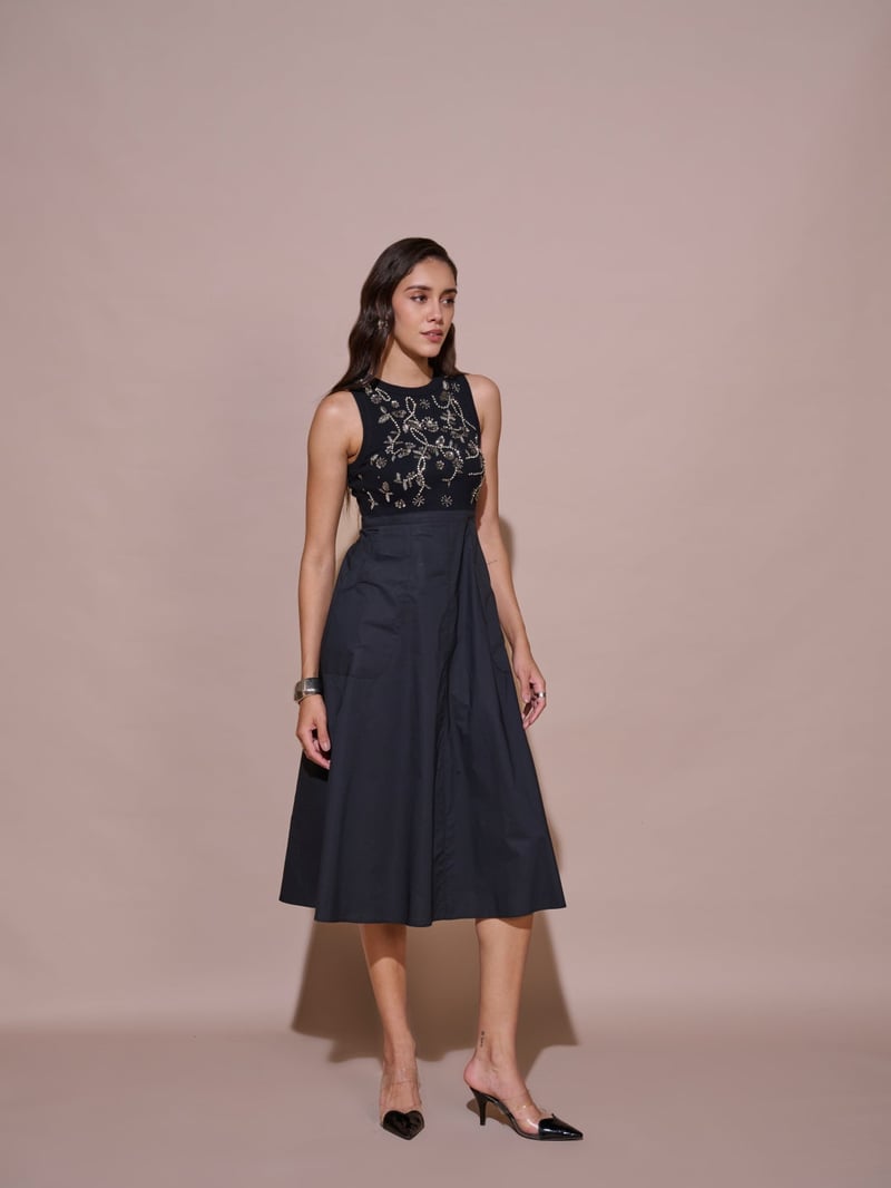Black Embellished Ribbed Bodice Fit and Flare Midi Dress