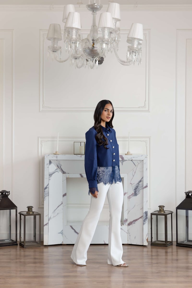 Aureal Blue French Lace Cotton Shirt