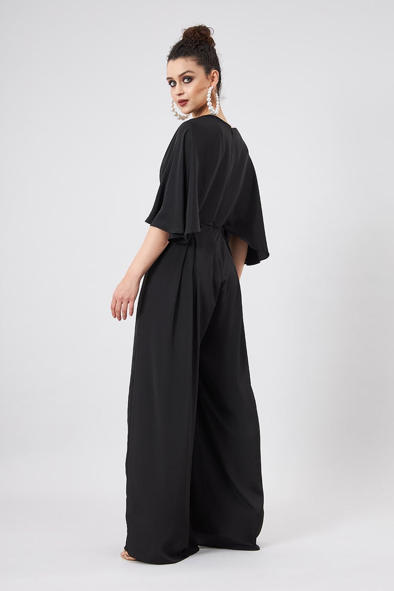 Black Silk Crepe Cape Sleeve Wide-Leg Jumpsuit