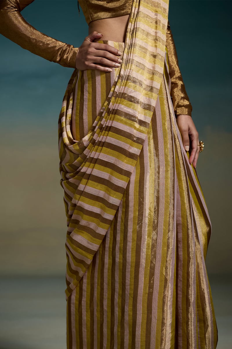 Metallic Peach-Gold Tissue Striped Saree