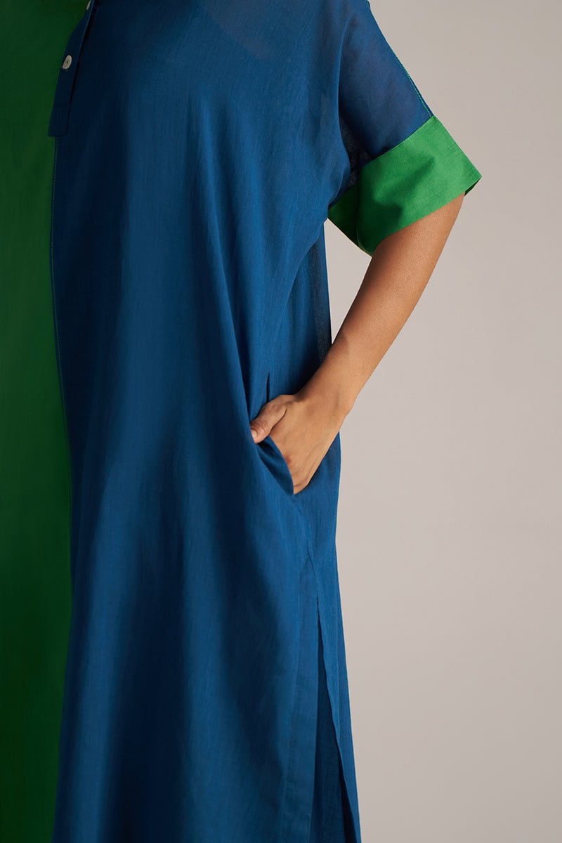 Blue and Green Colorblocked Kurta Co-ord Set with Slip