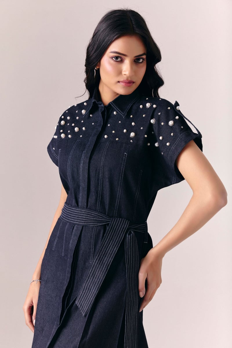 Black Denim Fit and Flare Midi Dress with Pearl Detail