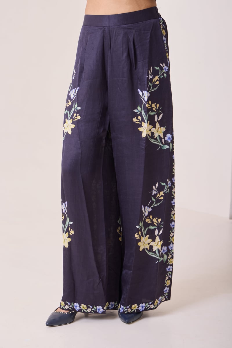 Navy Placement Floral Wide-Leg Trousers