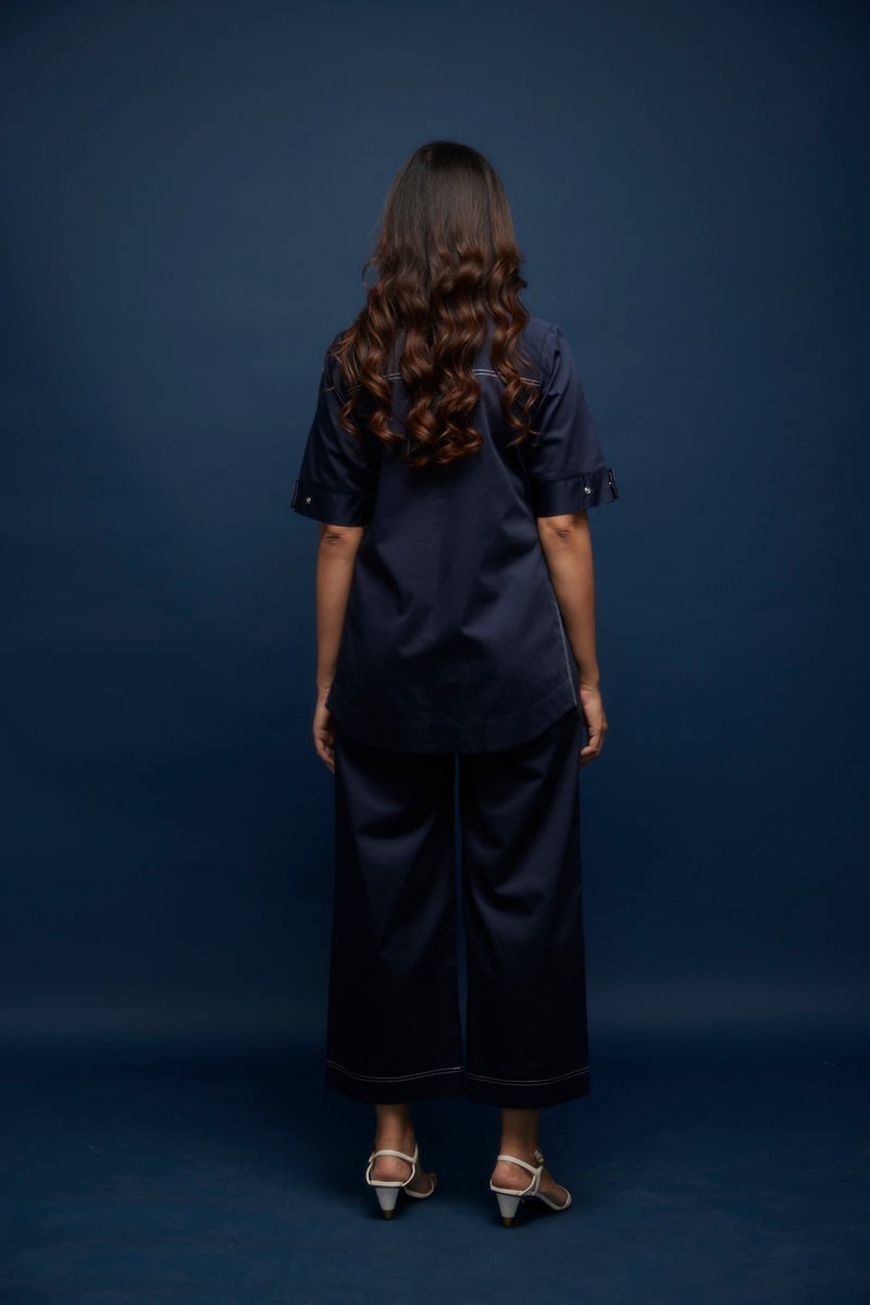 Navy Blue Cotton Satin Side-Open Co-ord Set