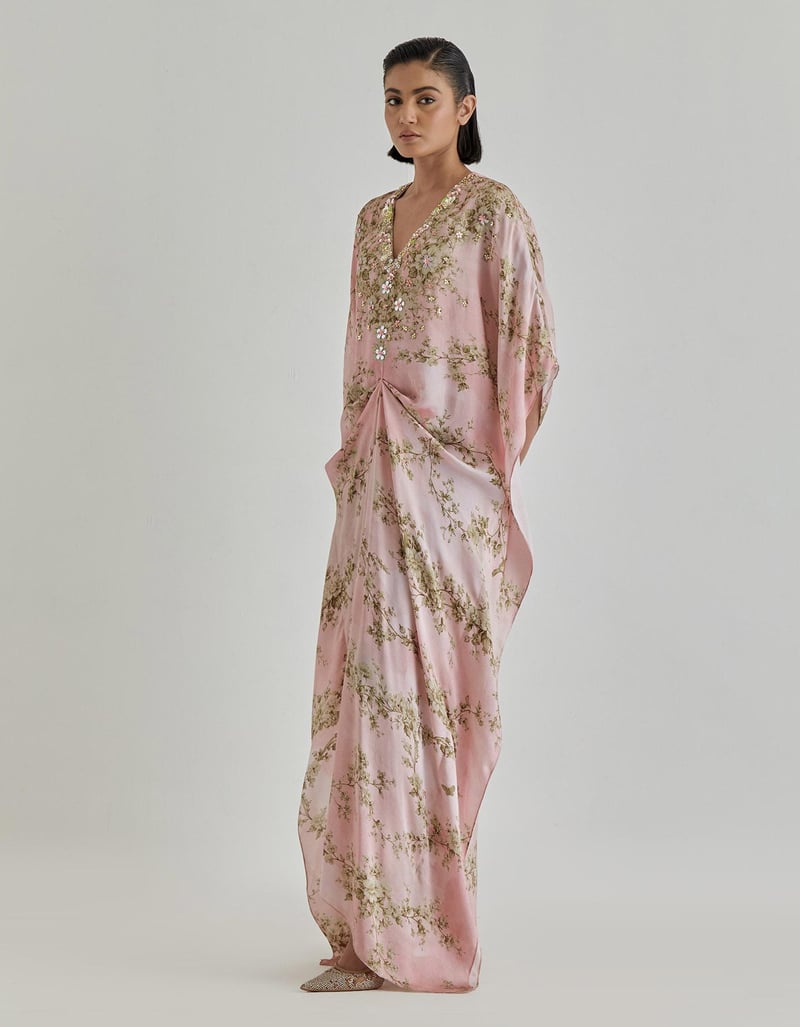 Pink Jardin Flou Printed Kaftan Embroidery