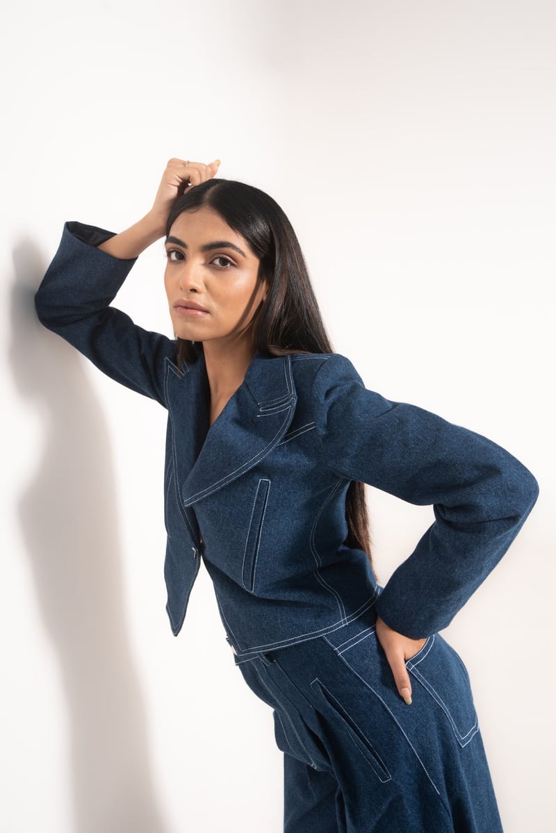 Blue Cropped Denim Blazer with Contrast Topstitching