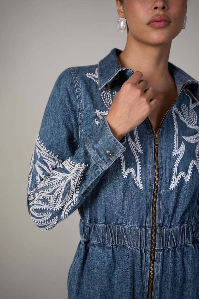 Blue Denim Zip-Front Embroidered Jumpsuit