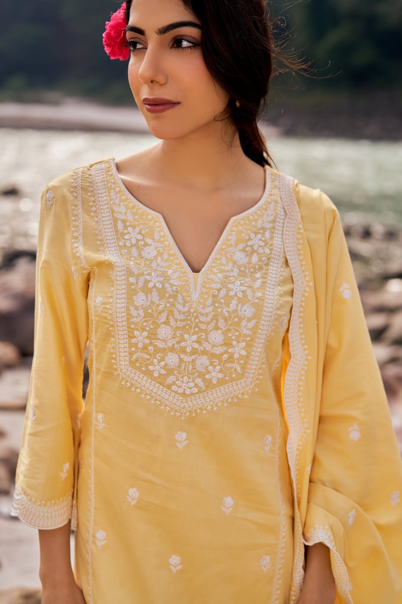 Yellow Cotton Embroidered Straight Kurta Set with Dupatta