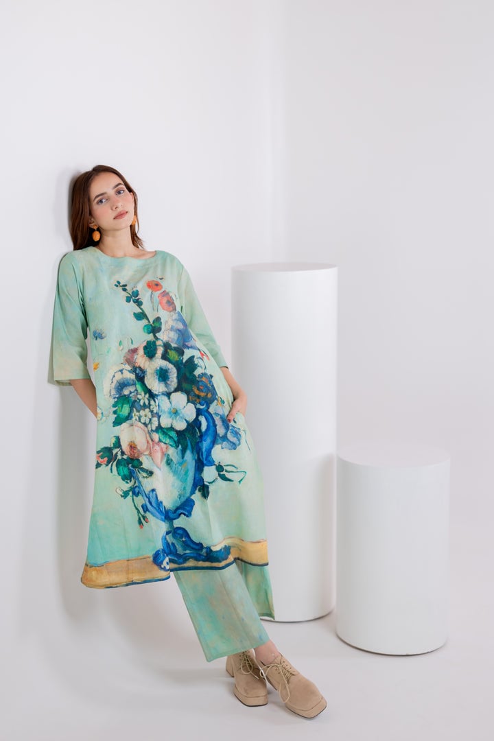 Aqua Green Printed A-Line Kurta and Pant Set
