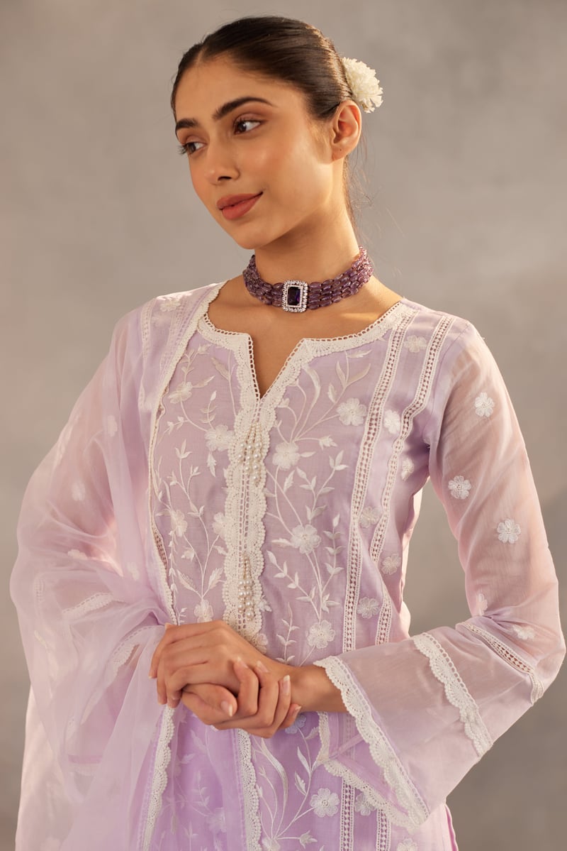 Lavender Embroidered Chanderi Suit Set with Organza Dupatta