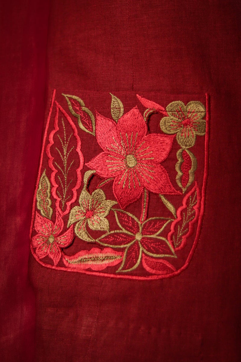 Wine Linen Button-Front Waistcoat with Embroidered Pockets