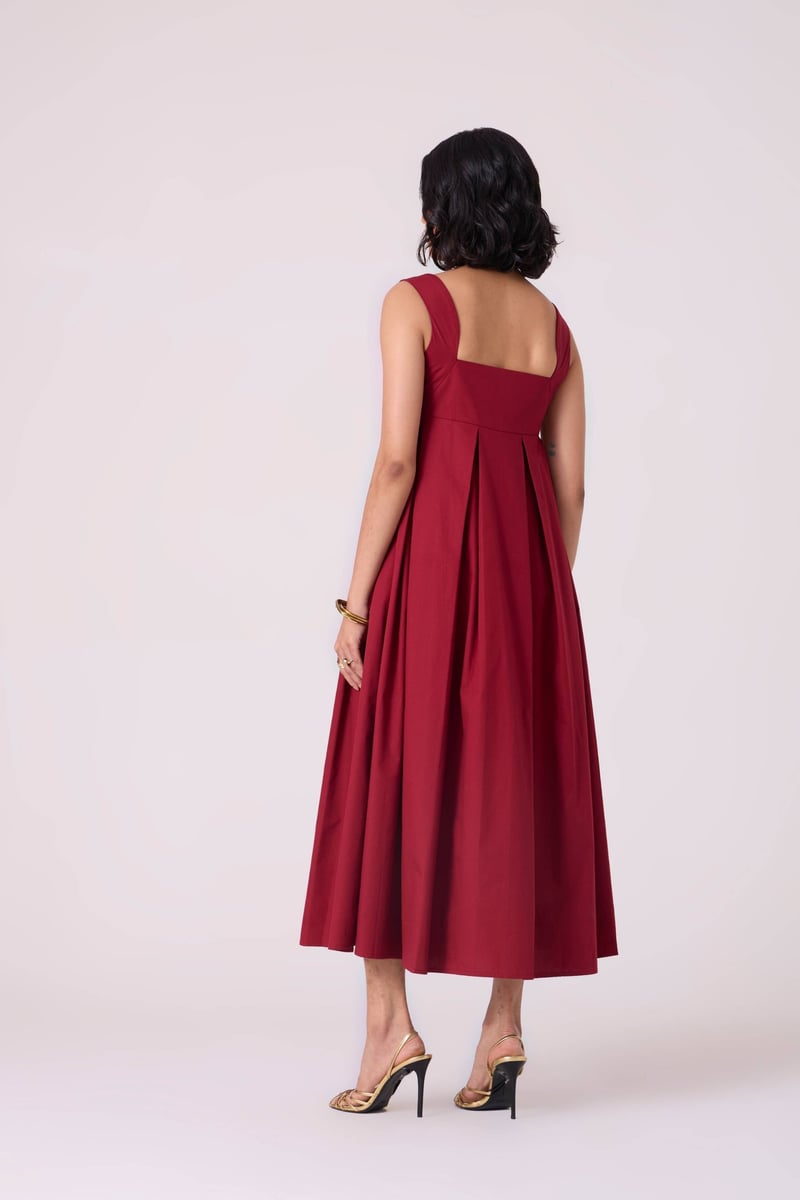 Wine Red Embroidered Neckline Fit and Flare Midi Dress