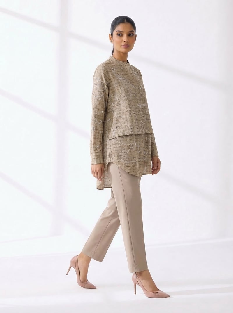 Beige Oversized Hand Embroidered Paneled Shirt