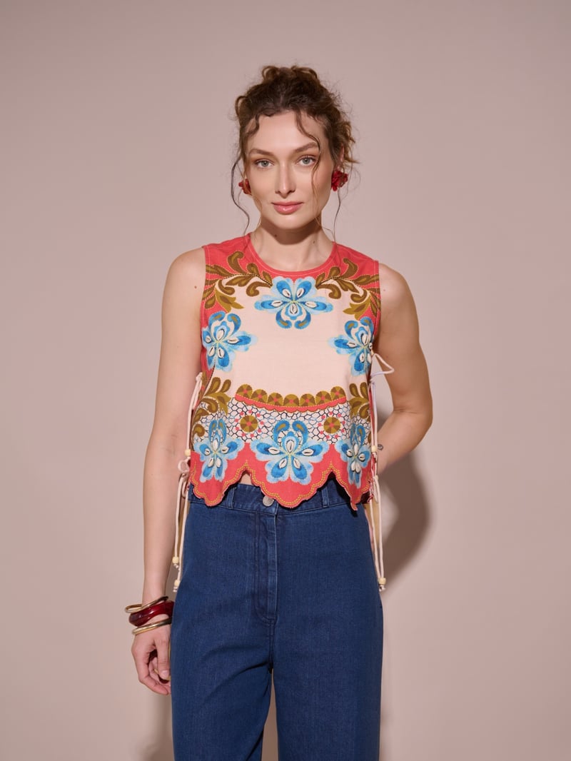 Beige Floral Printed Sleeveless Top with Side Ties