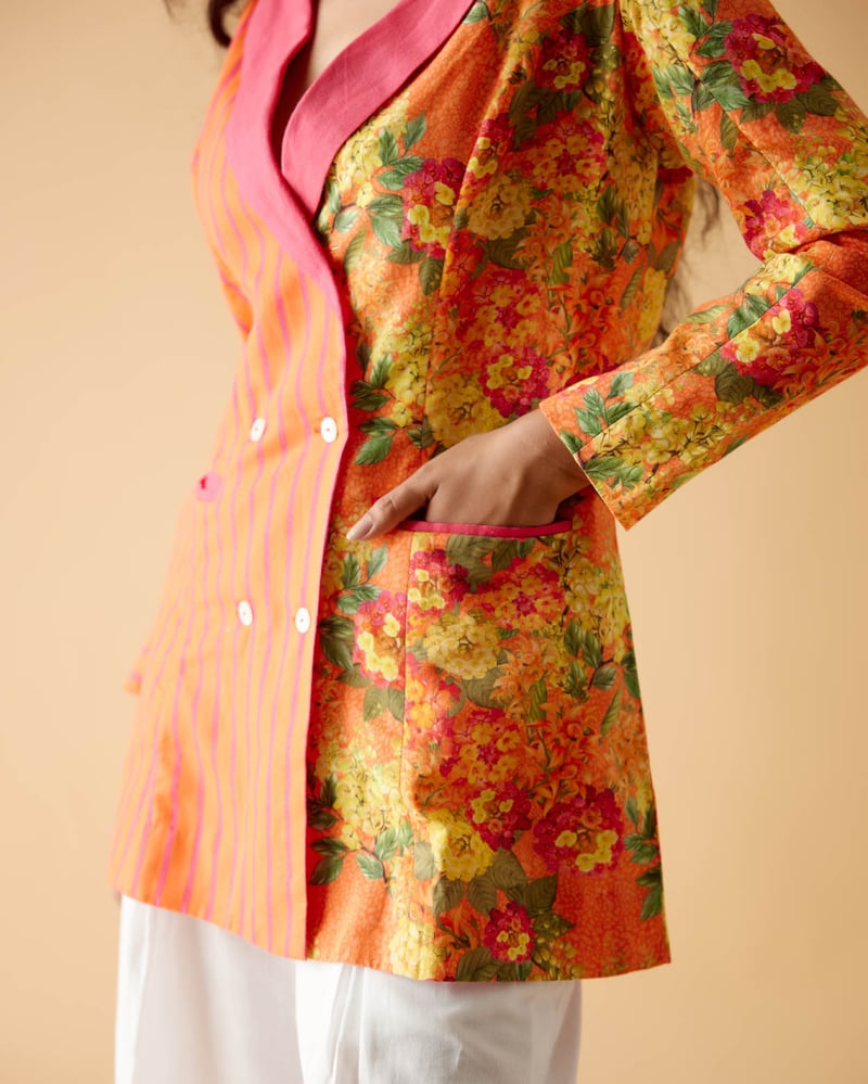 Orange/Pink Printed Linen Tailored Blazer