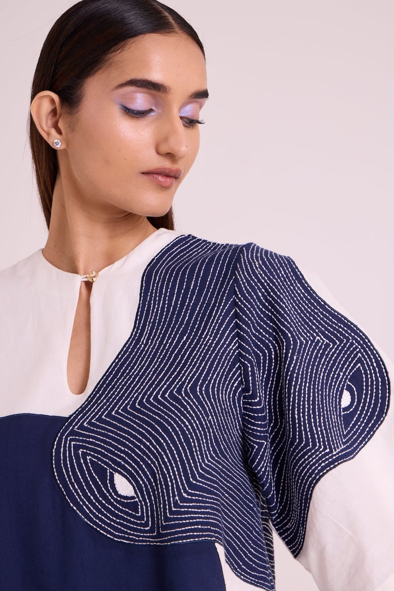 Navy and Off-White Colorblock Embroidered Mini Shift Dress