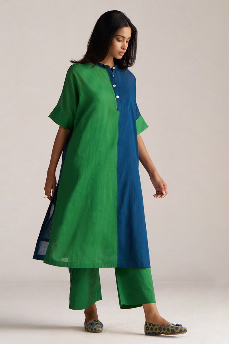 Blue and Green Colorblocked Kurta Co-ord Set with Slip