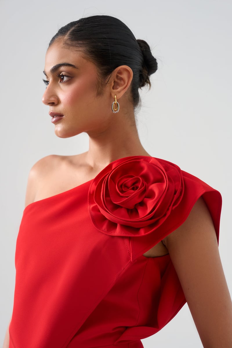 Red One-Shoulder Midi Dress with Rosette Detail