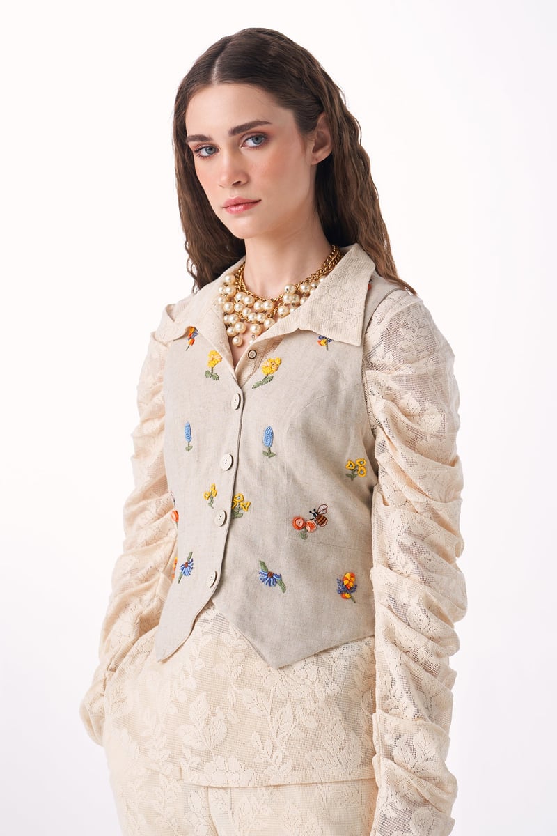 Neutral Linen Hand-Embroidered Floral Waistcoat
