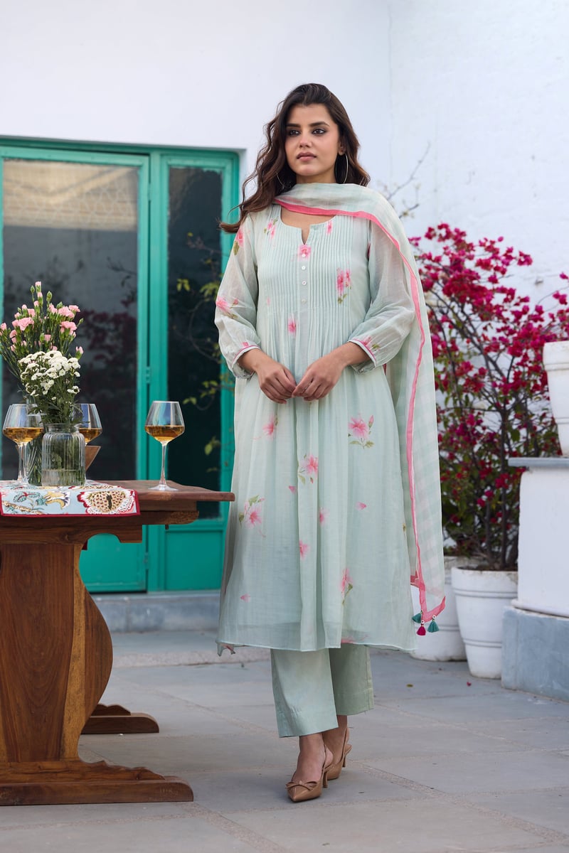 Ice Blue Hand-Painted Floral Silk Chanderi Kurta Set