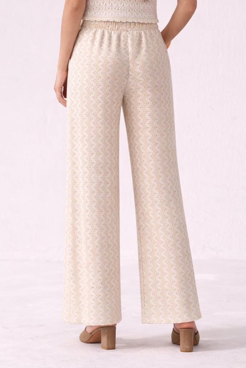 Beige Cotton Mesh Wide-Leg Trousers with Zigzag Texture