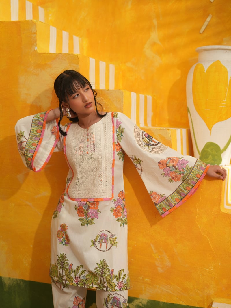 Off-White Tropical Print Kurta Set with Bell Sleeves