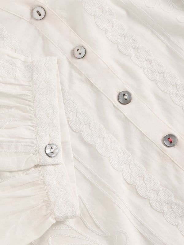 Natural White Embroidered Button-Front V-Neck Top
