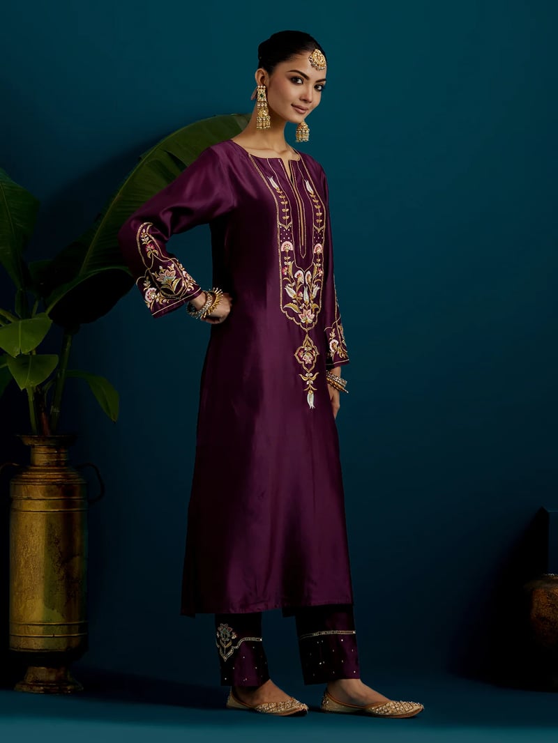 Purple Silk Chanderi Embroidered Kurta Pant Set — Anantaa