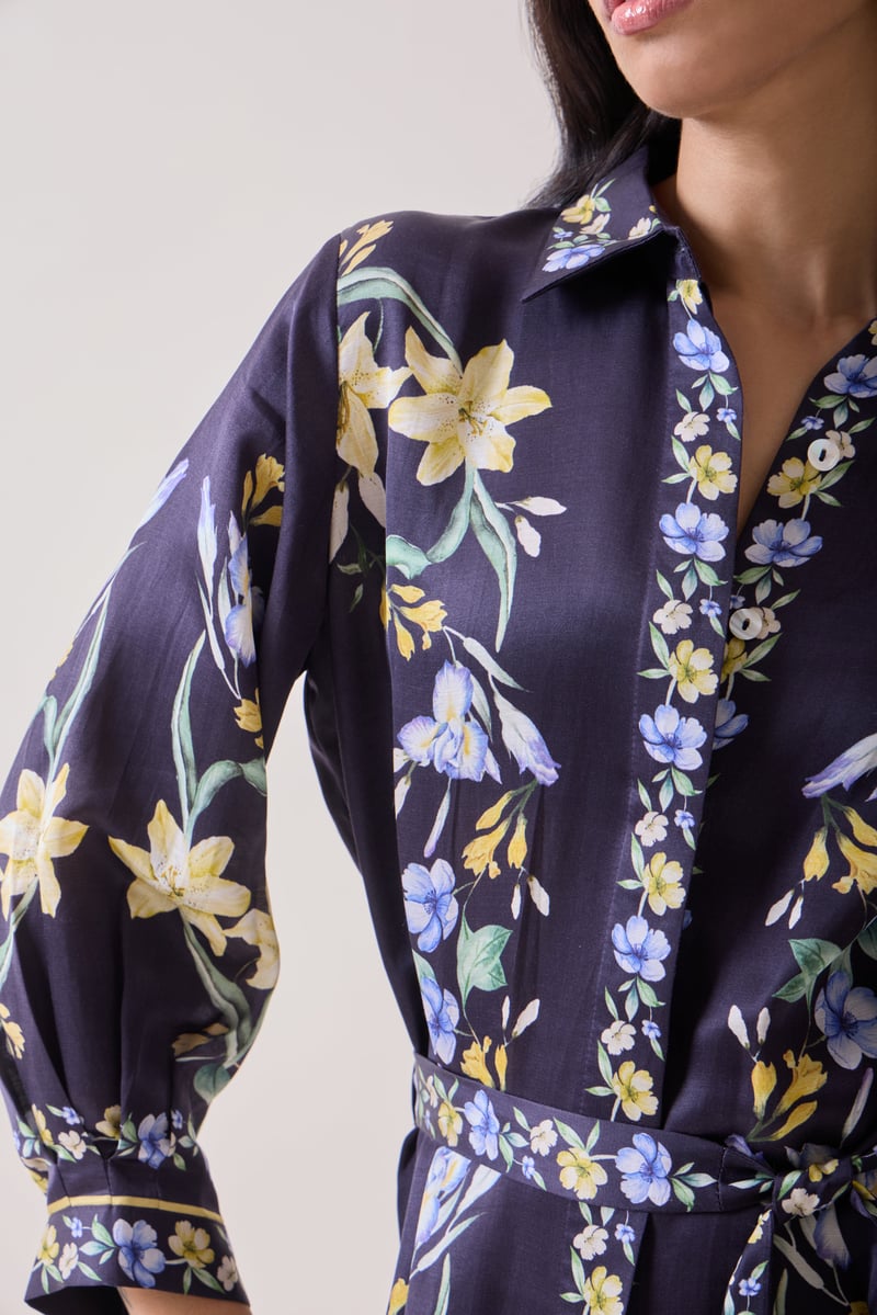 Navy Floral Linen Satin Shirt Dress with Waist Tie