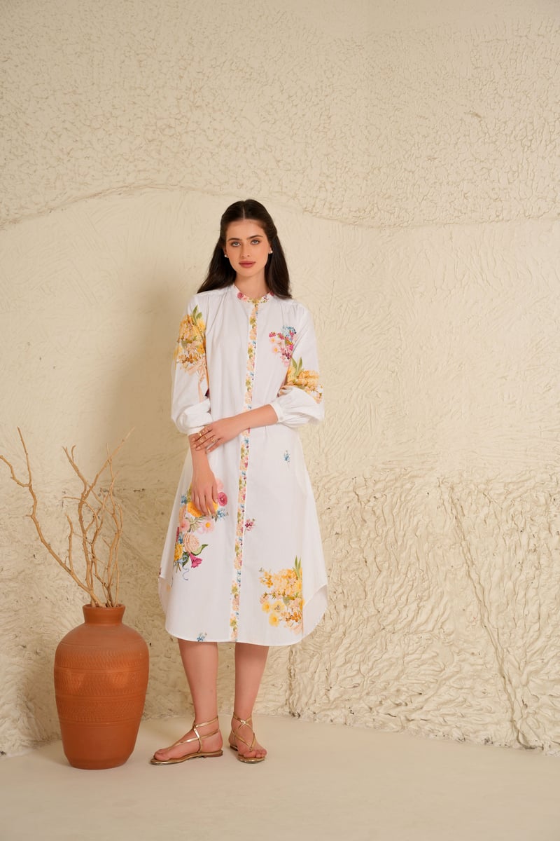 White Floral Printed Kurta and Trouser Set