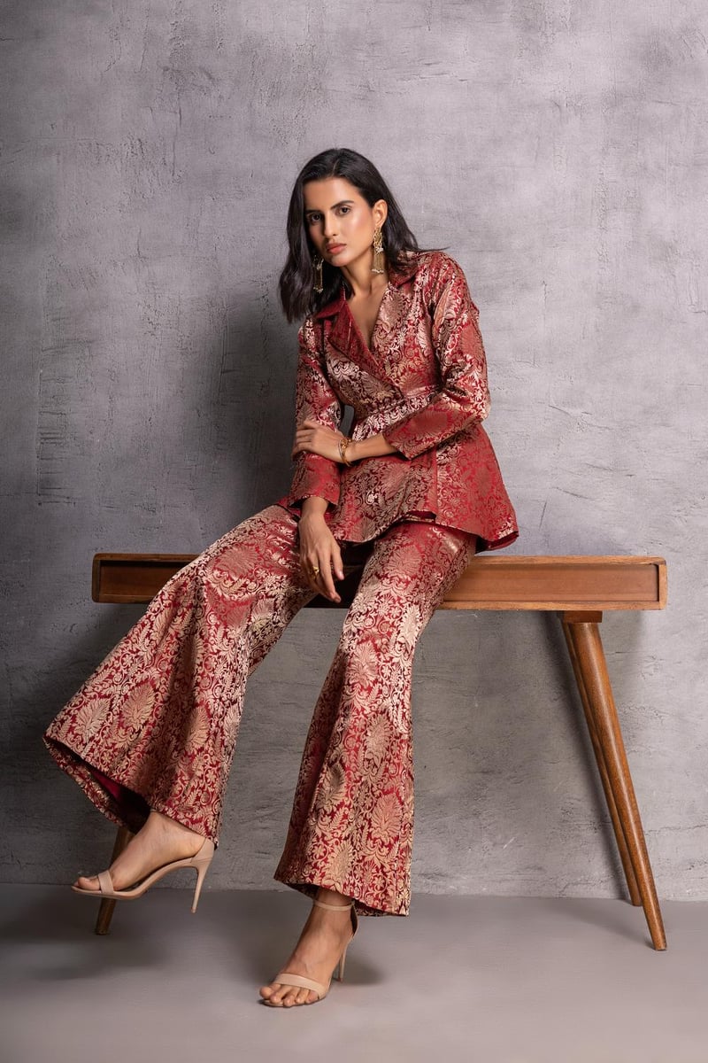 Maroon Brocade Peplum Top and Flared Pants Co-ord Set