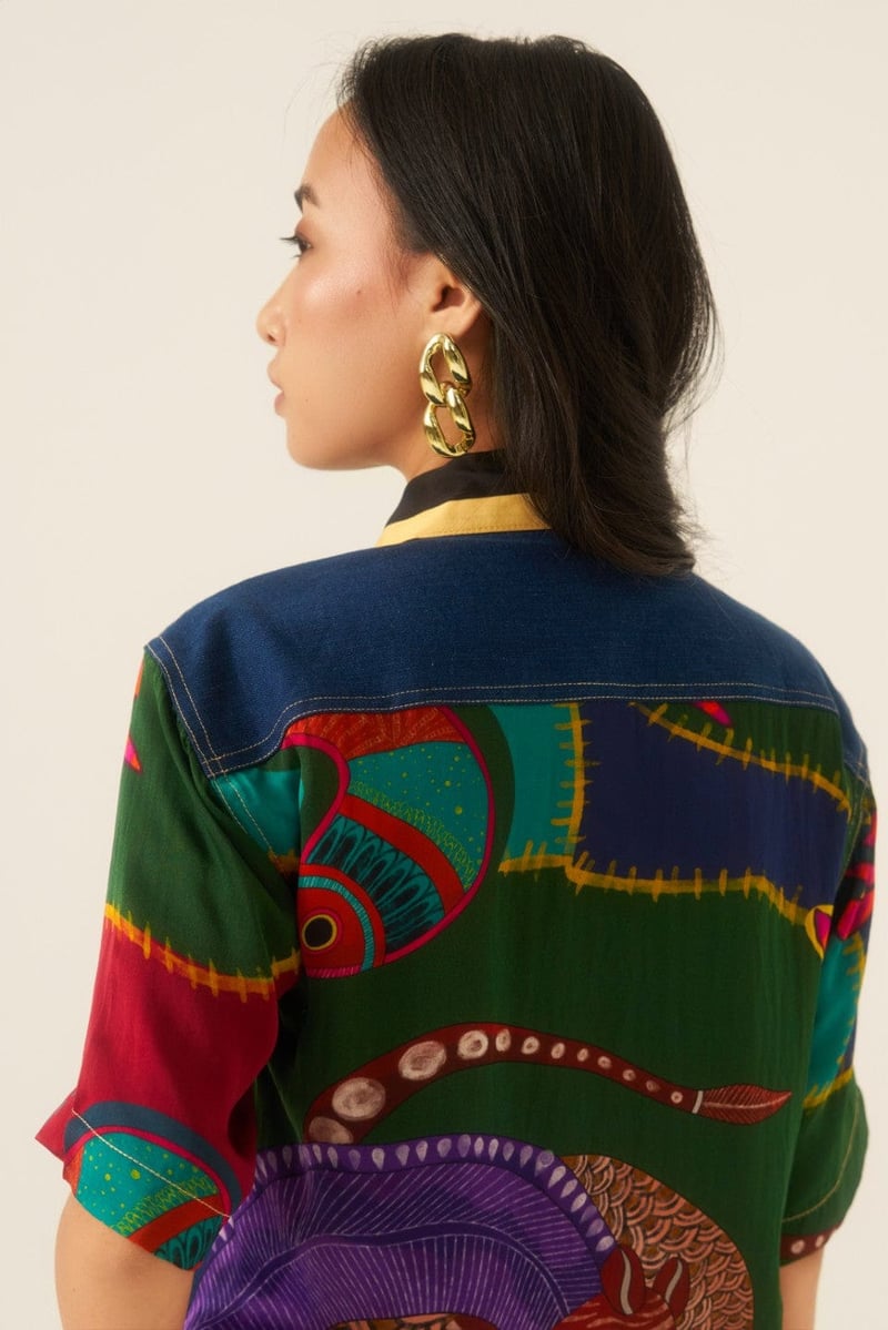 Multicolor Patchwork Denim Panel Button-Down Shirt