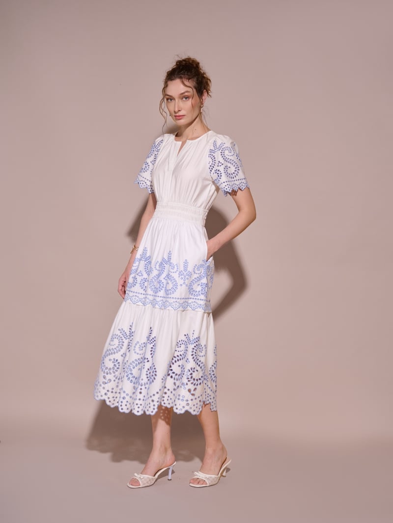 White and Blue Cutwork Tiered Cotton Midi Dress