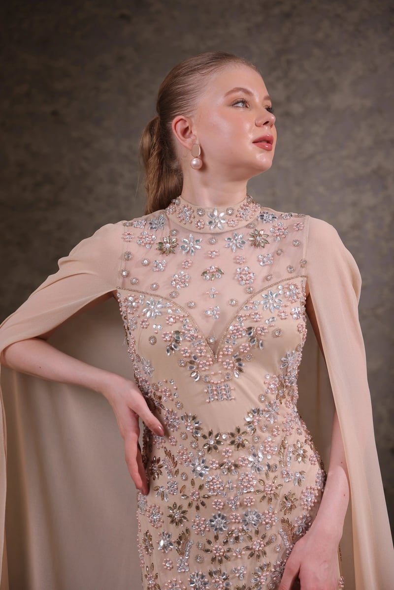 Cream Hand-Embellished Cape Maxi Gown