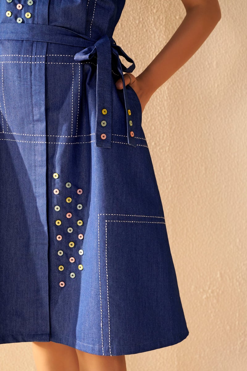 Blue Cotton Shirt Dress with Belt and Button Detail
