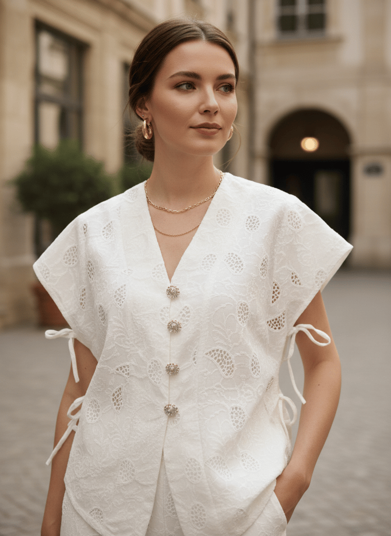Ivory Embroidered Button-Front Co-ord Set