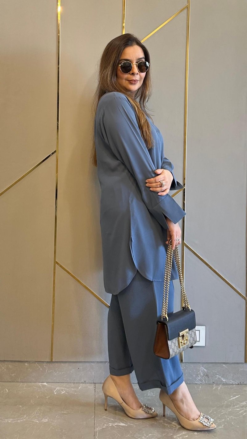 Steel Blue Georgette Shirt and Wide-Leg Pants Co-ord Set