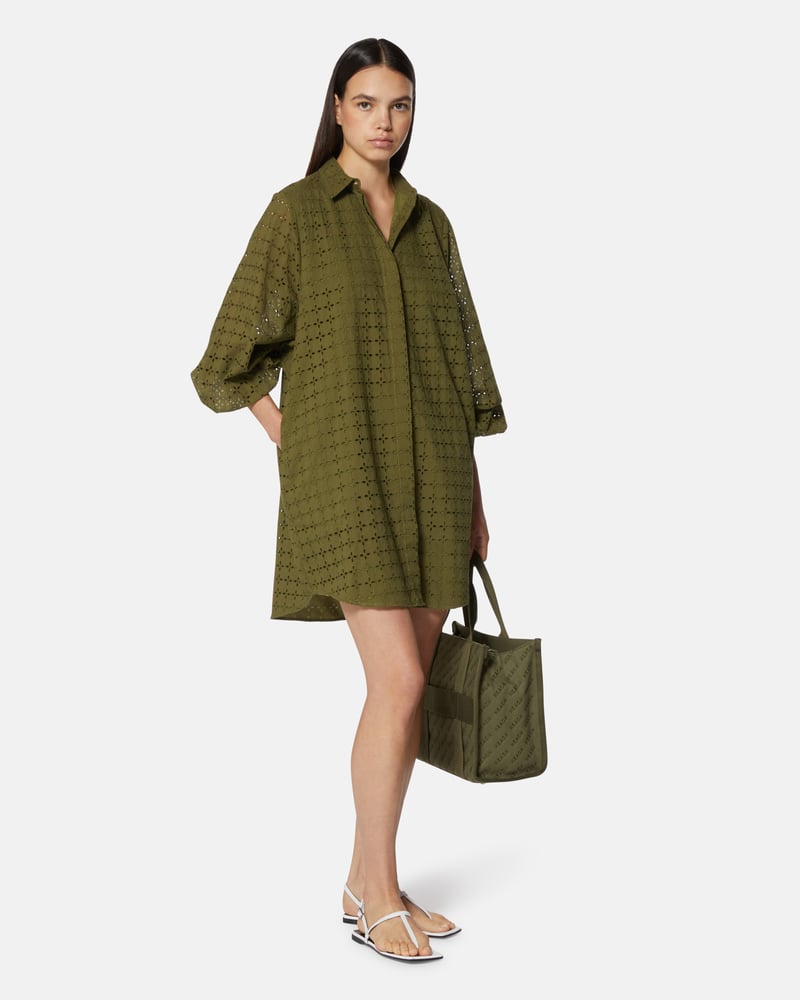 Olive Green Sangallo Cotton Shirt Dress with Cutwork