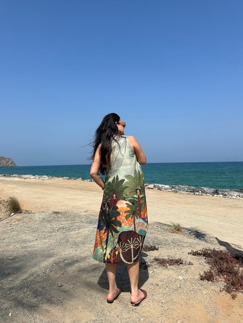 Sage Green Printed Cotton A-Line Midi Dress with Pockets