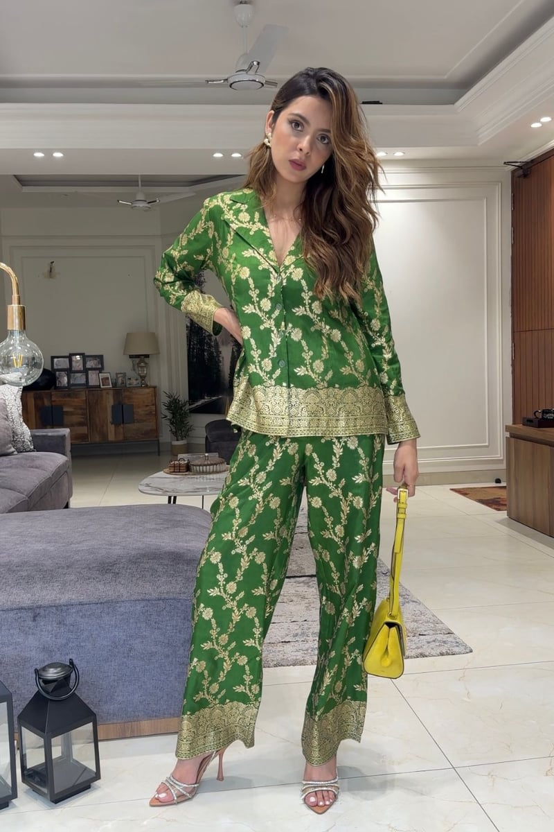 Green Brocade Floral Co-ord Set with Gold Border