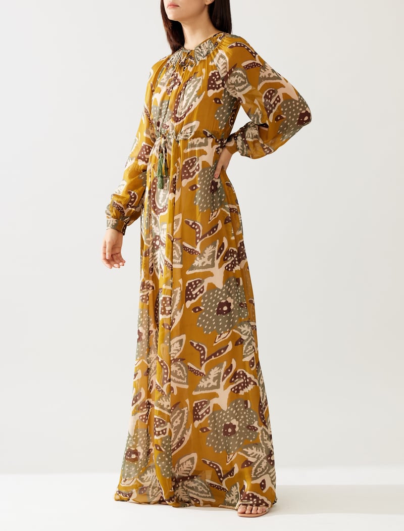 Mustard And Olive Floral Kaftan Dress