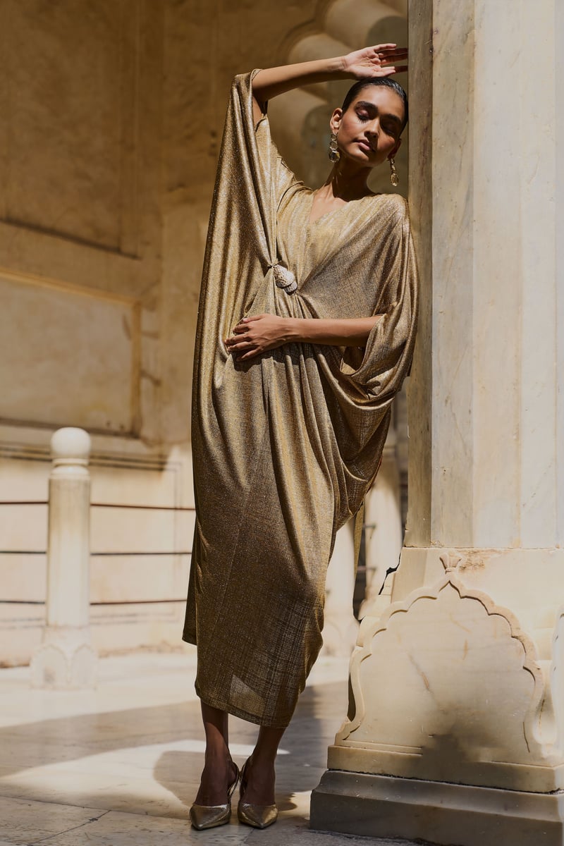 Gold Metallic Draped Maxi Kaftan with V-Neck