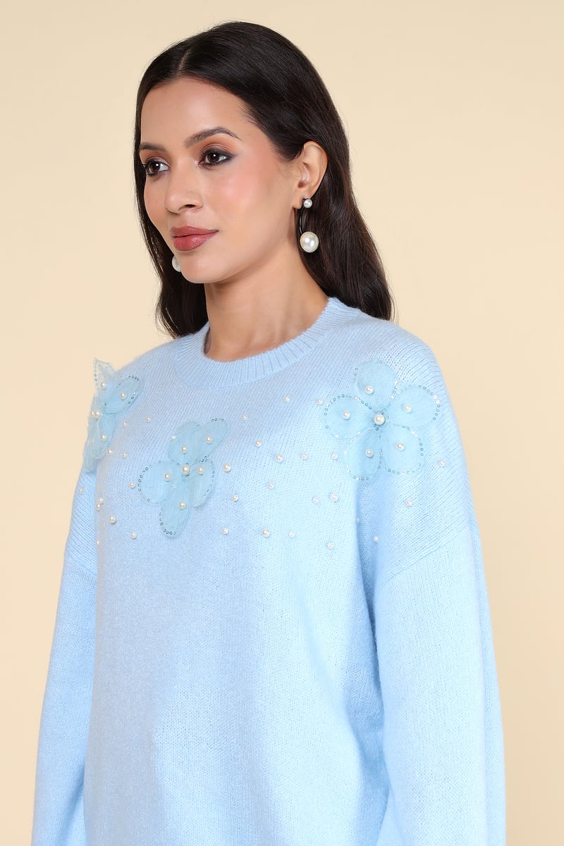 Light Blue Applique and Pearl-Detail Pullover Sweater