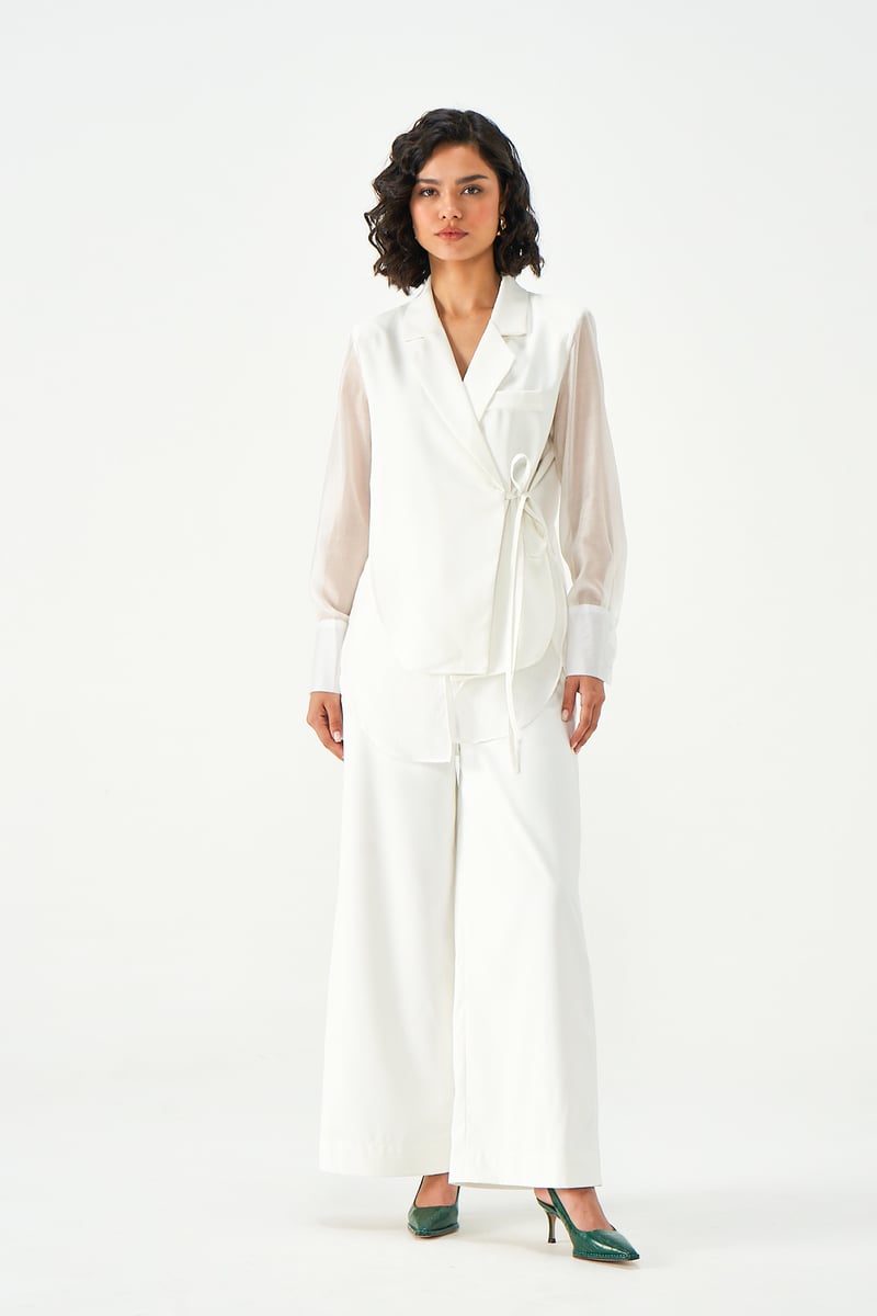 Ivory Longline Pant Suit Set with Sheer Sleeves — NOTEBOOK